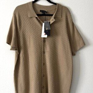 French Connection Men’s Knit Polo Shirt Button Front Short Sleeve Tan Large